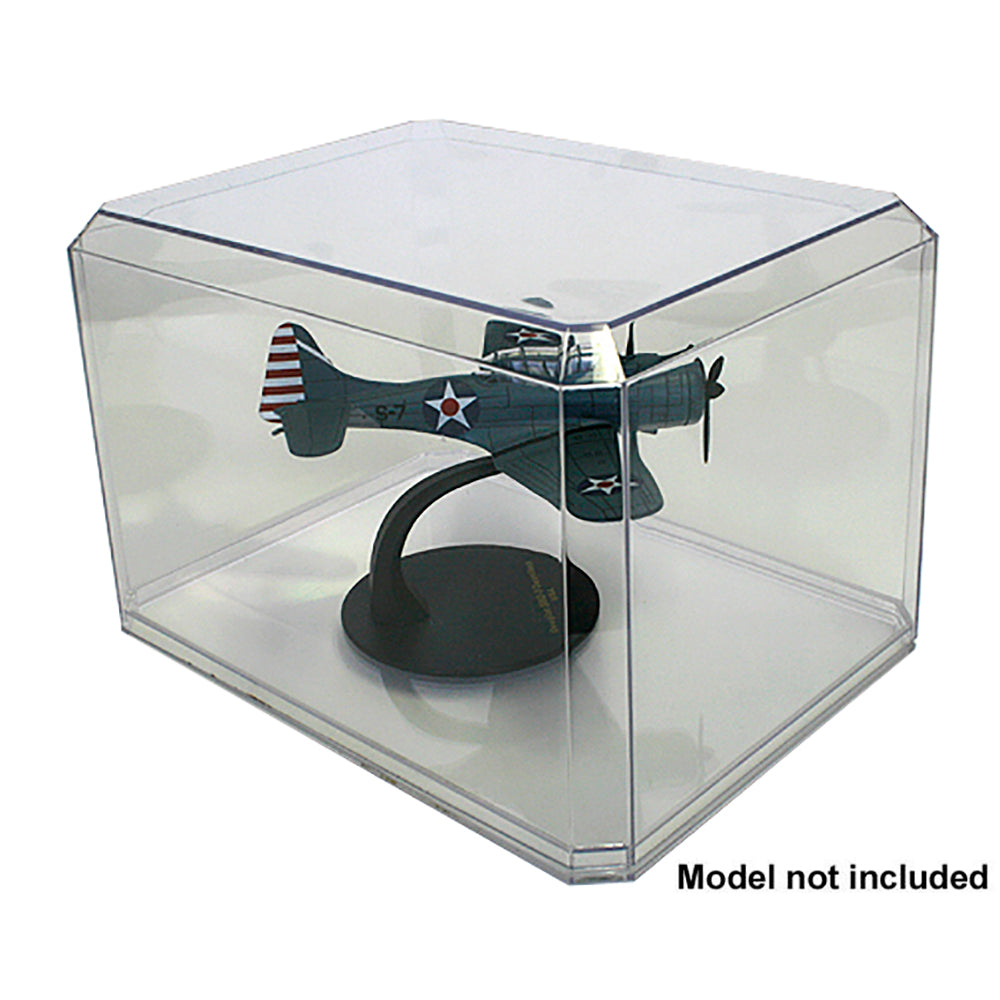Clear plastic display case holding a SBD Dauntless Fighter Plane with Ripper on a white background Model Not Included