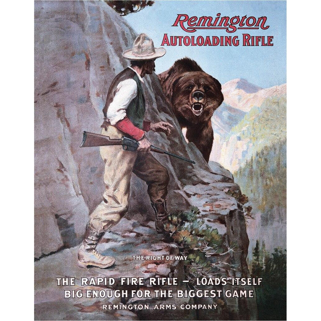 Vintage advertisement for Remington Autoloading Rifle featuring a man with a rifle and bear.