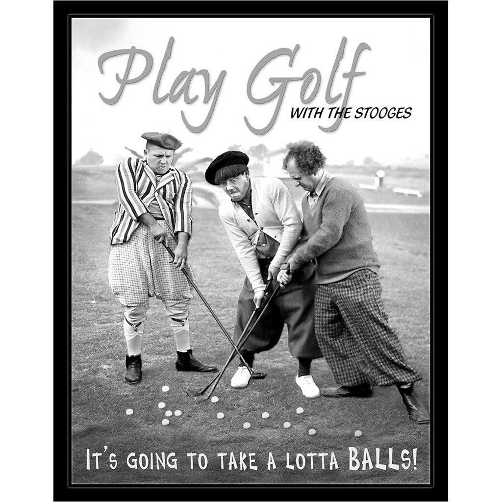 Vintage-style advertisement for 'Play Golf with the Stooges' featuring three men on a golf course.