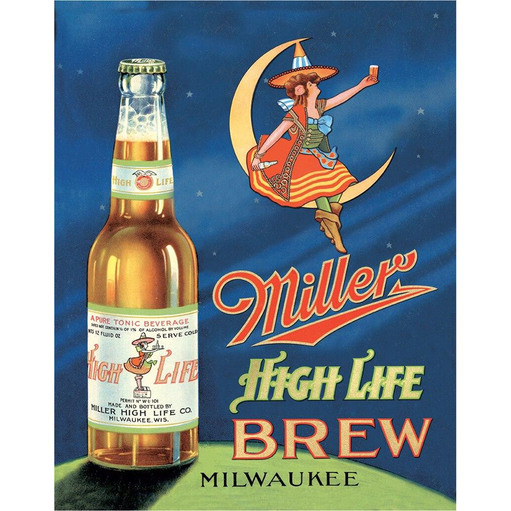 Miller High Life beer bottle with vintage-style label and graphic of a woman on a crescent moon against a blue background.