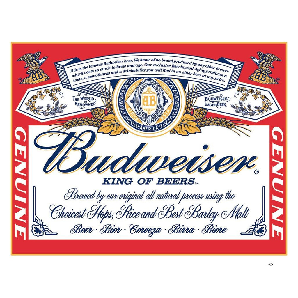 Budweiser beer label with red border and gold accents