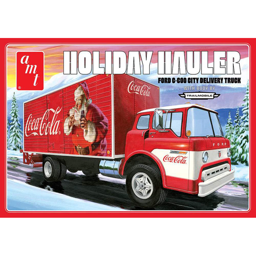 Model kit box for a Coca-Cola holiday-themed truck with Santa Claus on a snowy background.