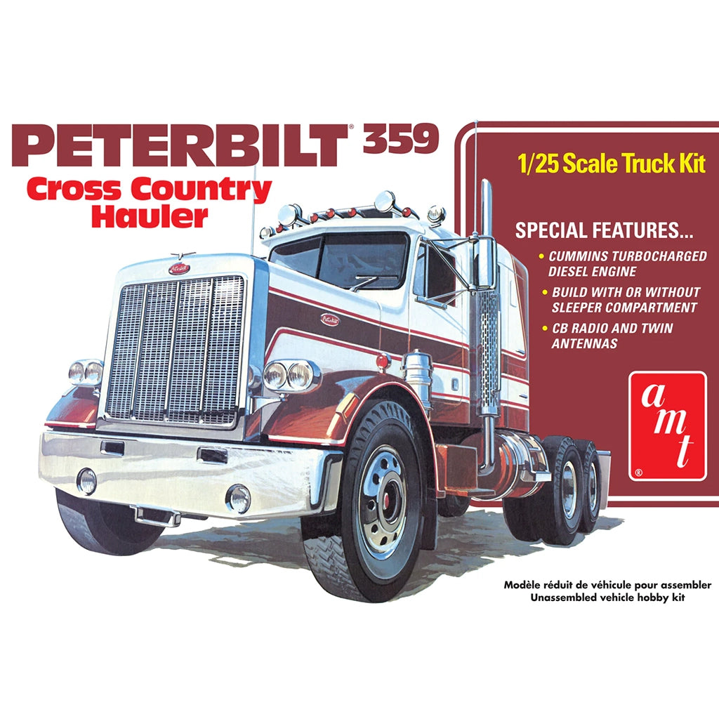Model truck kit packaging for Peterbilt 359 Cross Country Hauler with AMT branding.