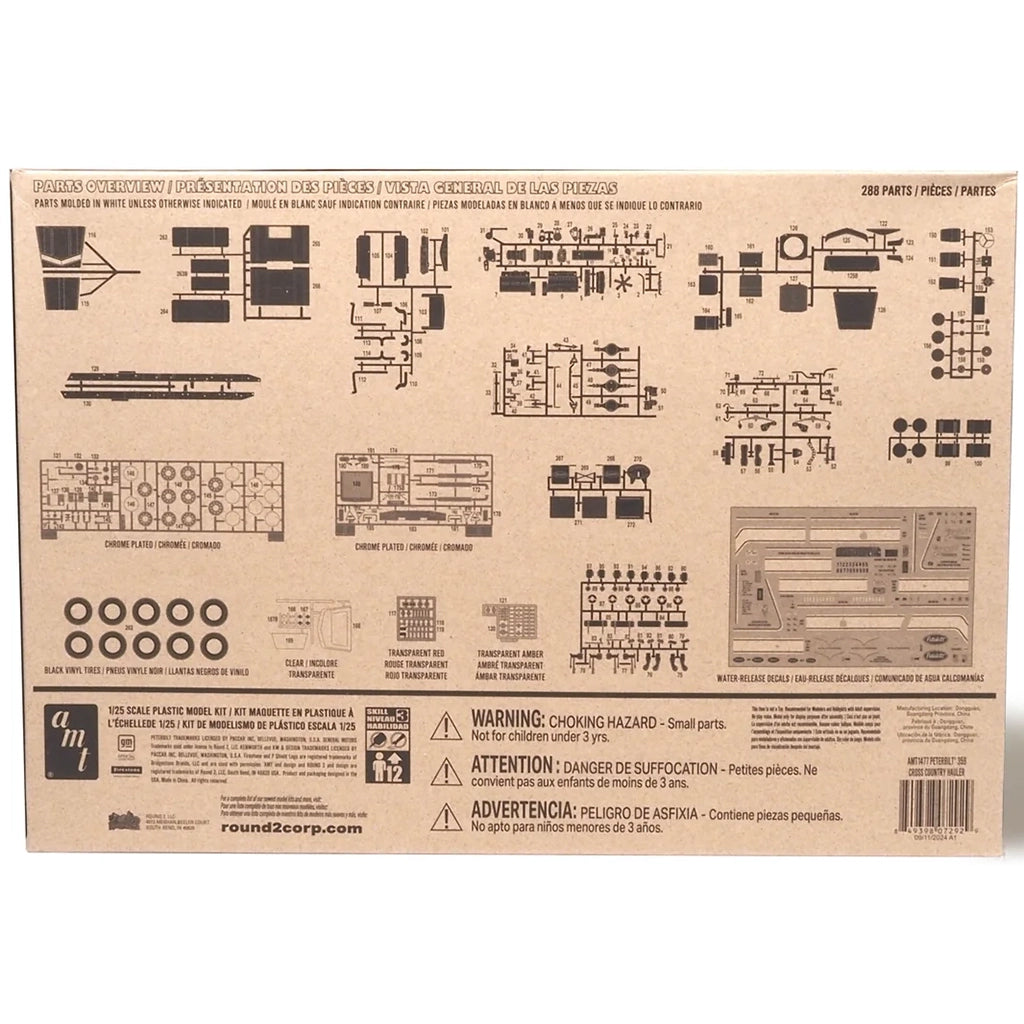 Cardboard box with model kit parts diagram and branding on a white background
