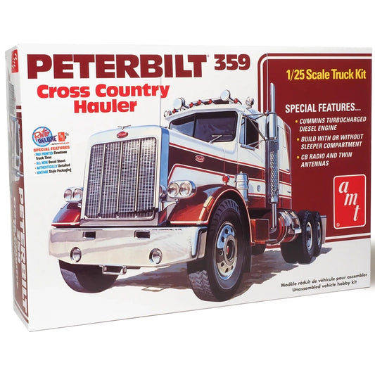 Model truck kit packaging for Peterbilt 359 Cross Country Hauler with red and white design.