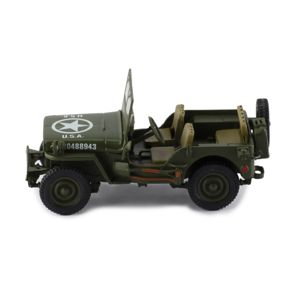 Model of a military jeep with 'U.S.A.' and a star emblem on a white background