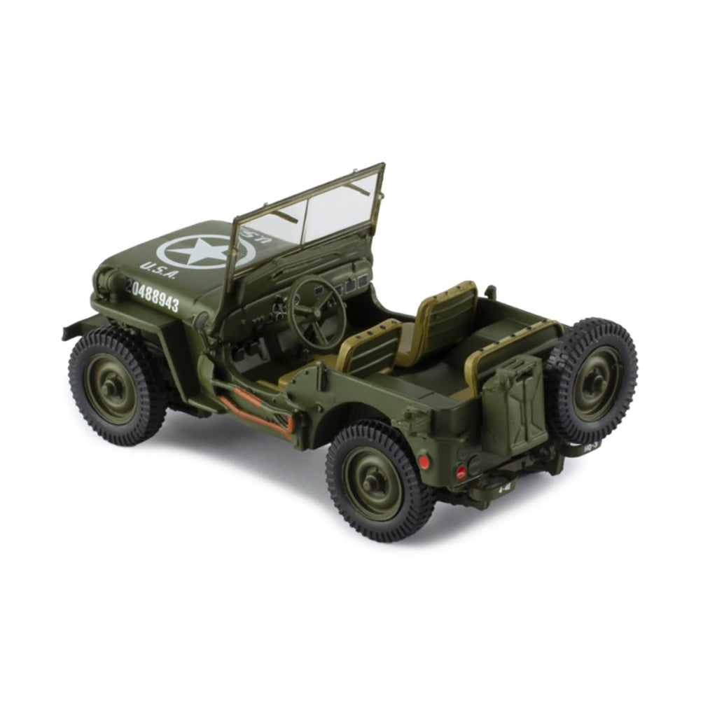 Model of a green military jeep on a white background