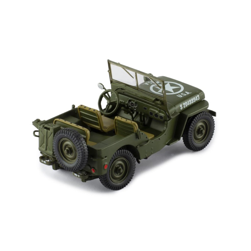 Model of a green military jeep on a white background