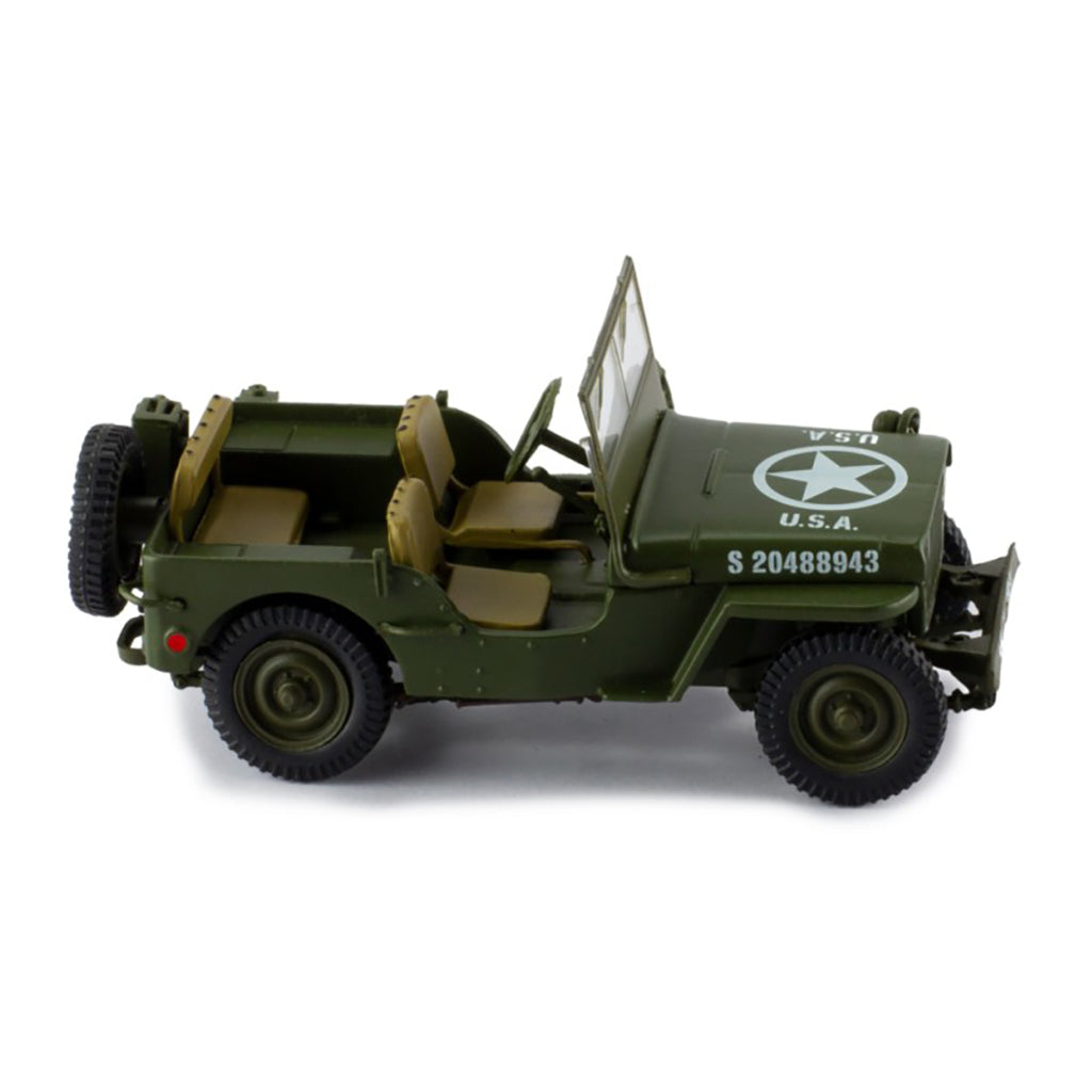 Model of a green military jeep with USA markings on a white background