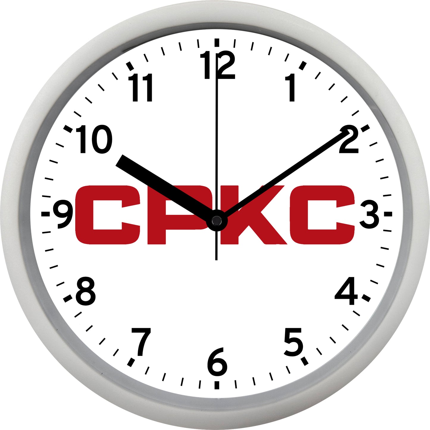 Wall clock with 'CPKC' logo on a white background
