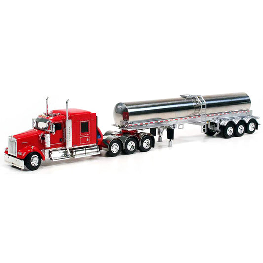 Kenworth W900L Tri-Axle w/Walker Tri-Axle Milk Tanker Trailer (Red/Chrome)