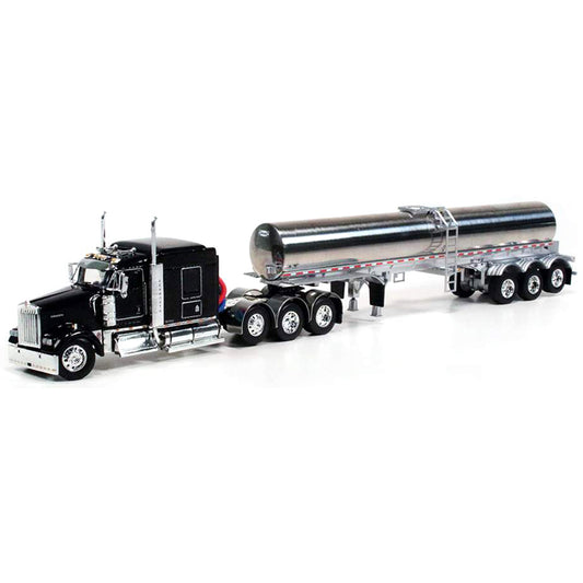 Kenworth W900L Tri-Axle w/Walker Tri-Axle Milk Tanker Trailer (Black/Chrome)