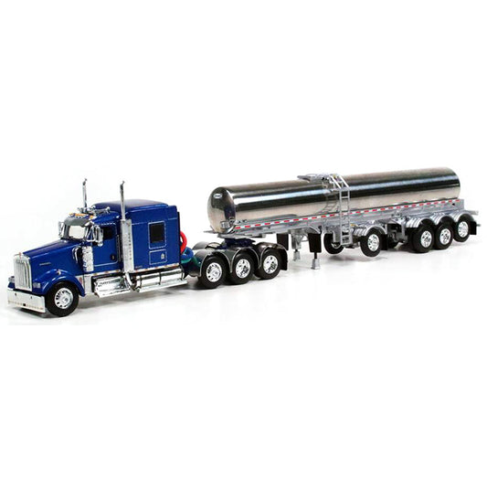 Kenworth W900L Tri-Axle w/Walker Quad-Axle Milk Tanker Trailer (Blue/Chrome)