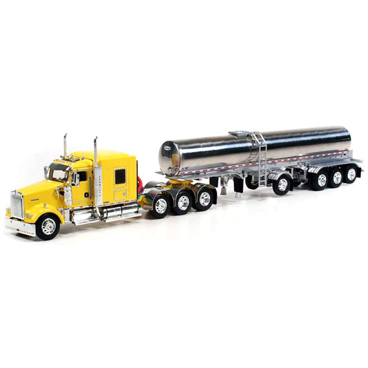 Kenworth W900L Tri-Axle w/Walker Quad-Axle Milk Tanker Trailer (Yellow/Chrome)