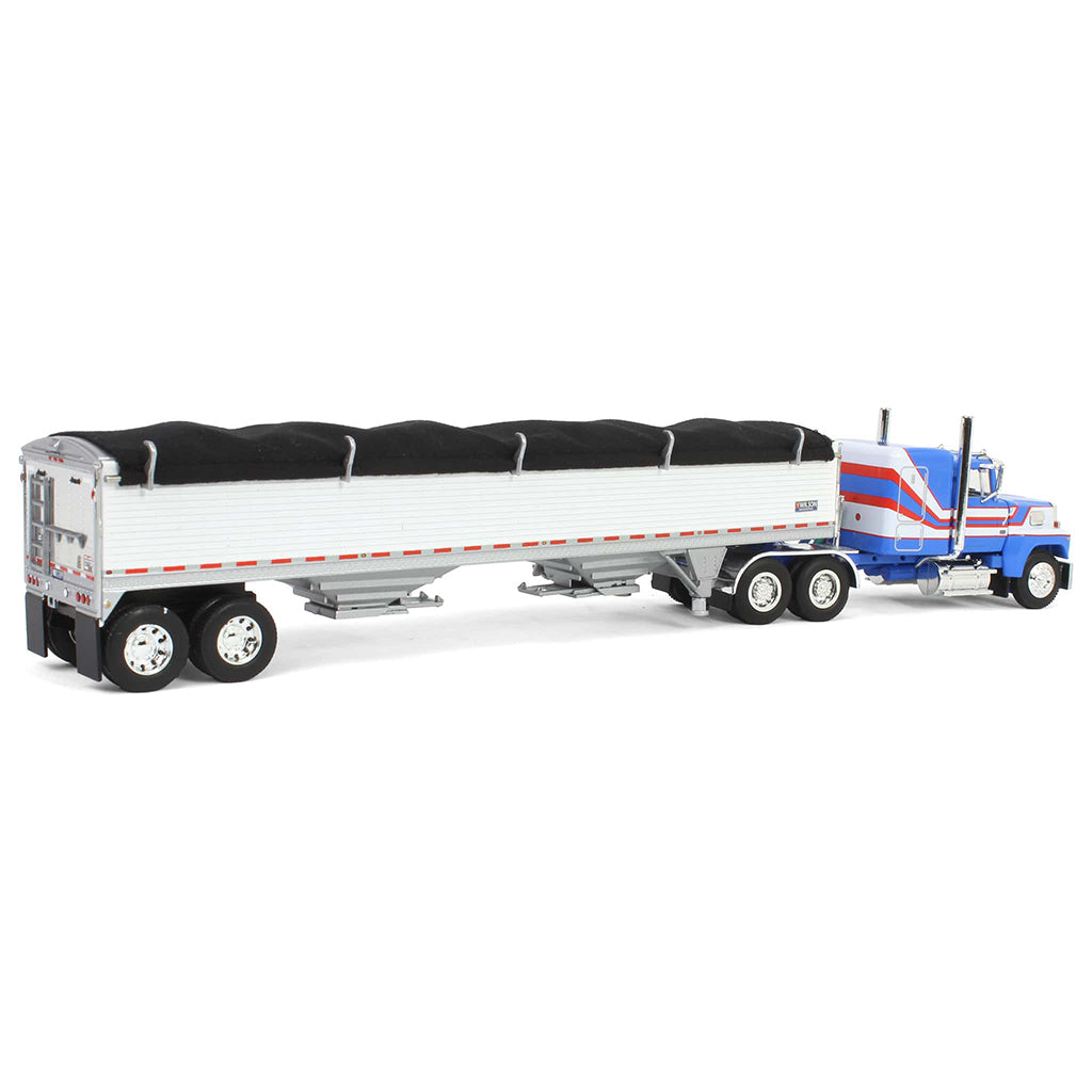 Ford LTL 9000 "Louisville" with 60" Flat Top Sleeper and Wilson 43' Pacesetter Grain Trailer (Blue/White)