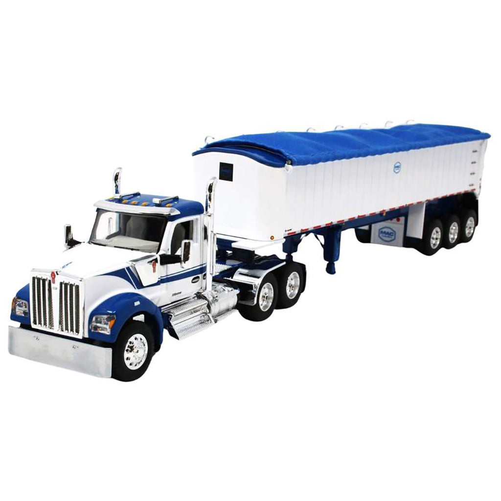 Kenworth W990 Day Cab w/MAC Coal Square Bottom Tri-Axle End Dump Trailer (Blue/White)
