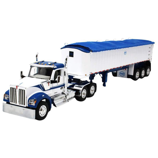 Kenworth W990 Day Cab w/MAC Coal Square Bottom Tri-Axle End Dump Trailer (Blue/White)