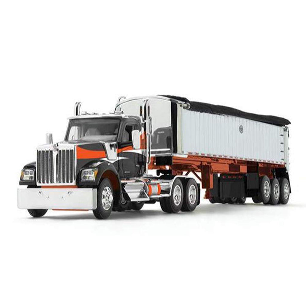 Kenworth W990 Day Cab w/MAC Coal Square Bottom Tri-Axle End Dump Trailer (Black/Orange)