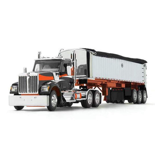 Kenworth W990 Day Cab w/MAC Coal Square Bottom Tri-Axle End Dump Trailer (Black/Orange)