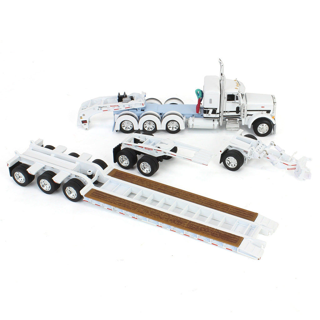Peterbilt 379 Tri-Axle w/Fontaine Magnitude Lowboy Trailer w/Jeep & Stinger (White/Black/Baby Blue)