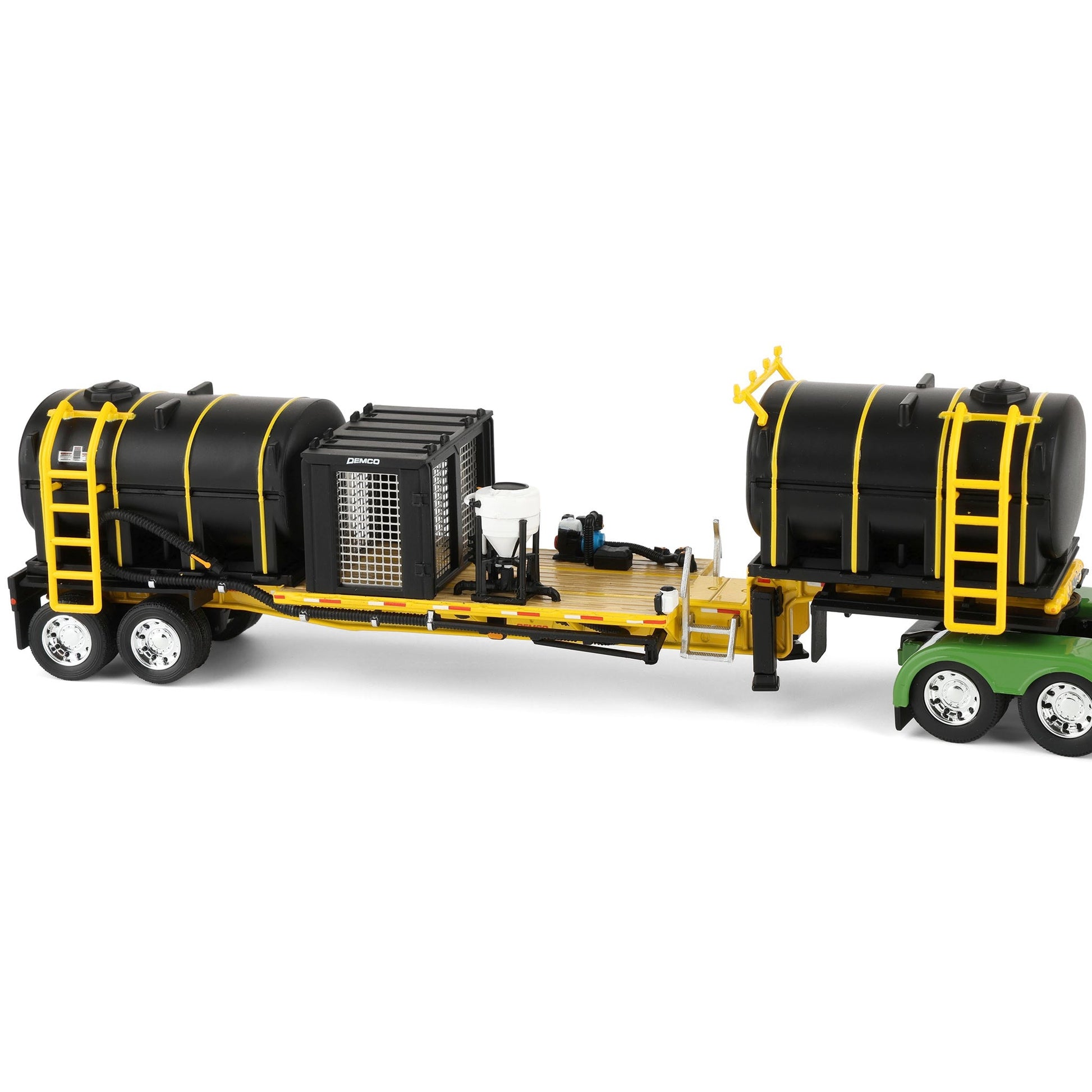 Model of a flatbed trailer with black tanks and yellow ladders on a white background