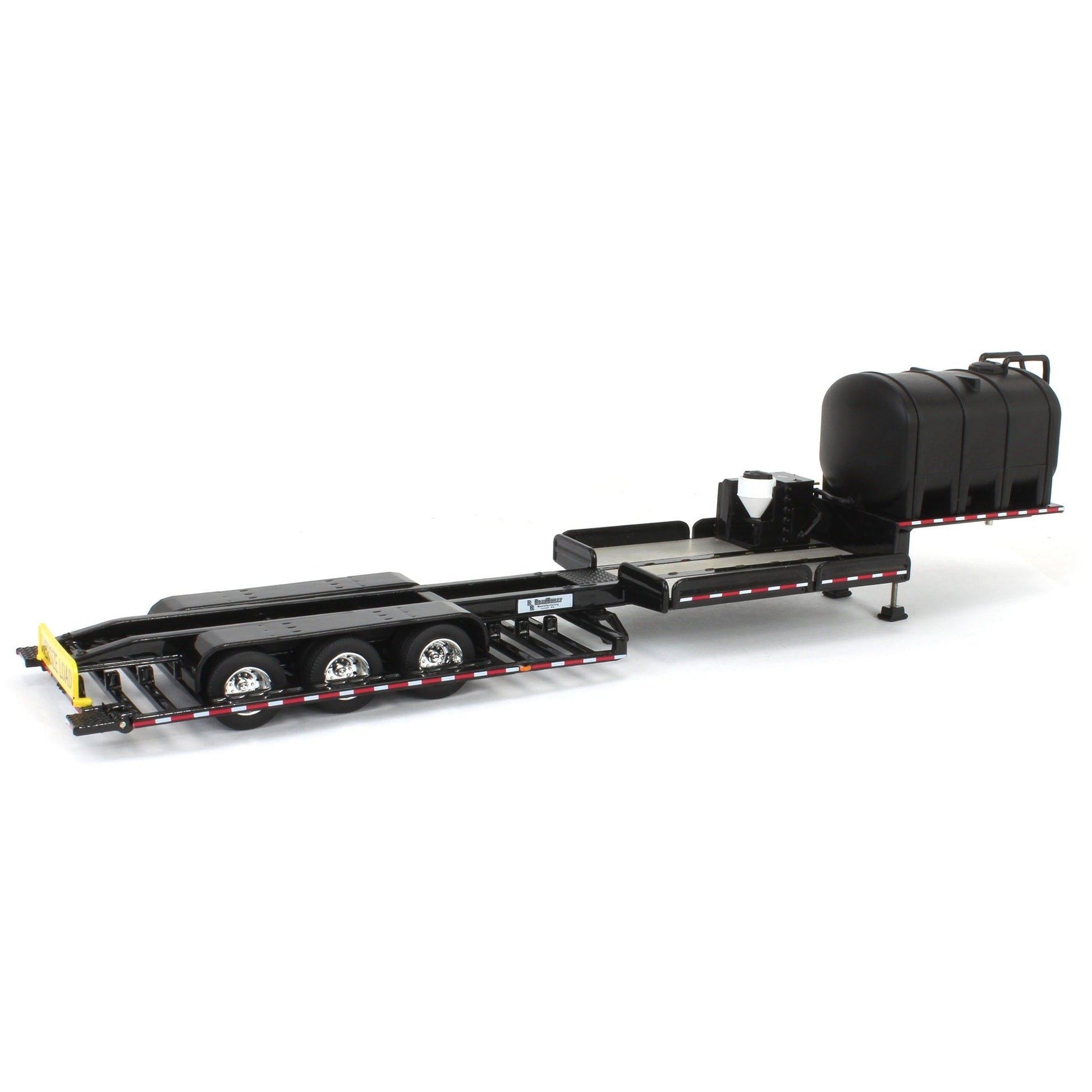 Black trailer with a flatbed and a tank on a white background