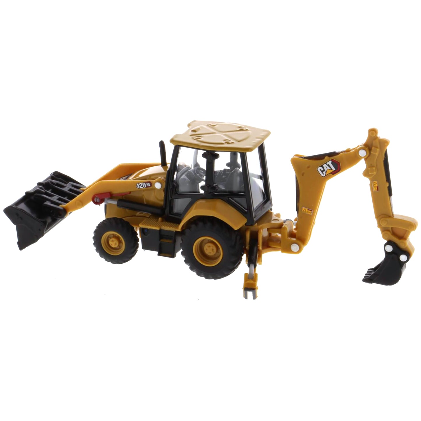Toy backhoe loader with black and yellow colors on a white background