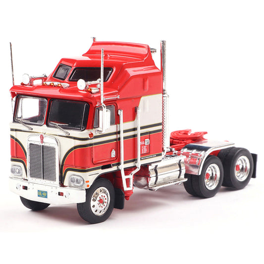 Model of a red and white Kenworth K100 Aerodyne COE truck on a white background
