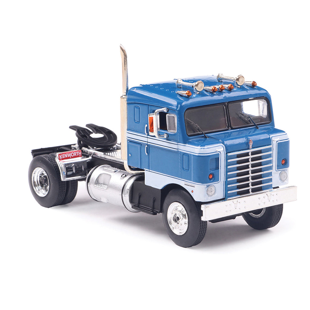 Model of a blue 1950 Kenworth 521 Bullnose truck on a white background