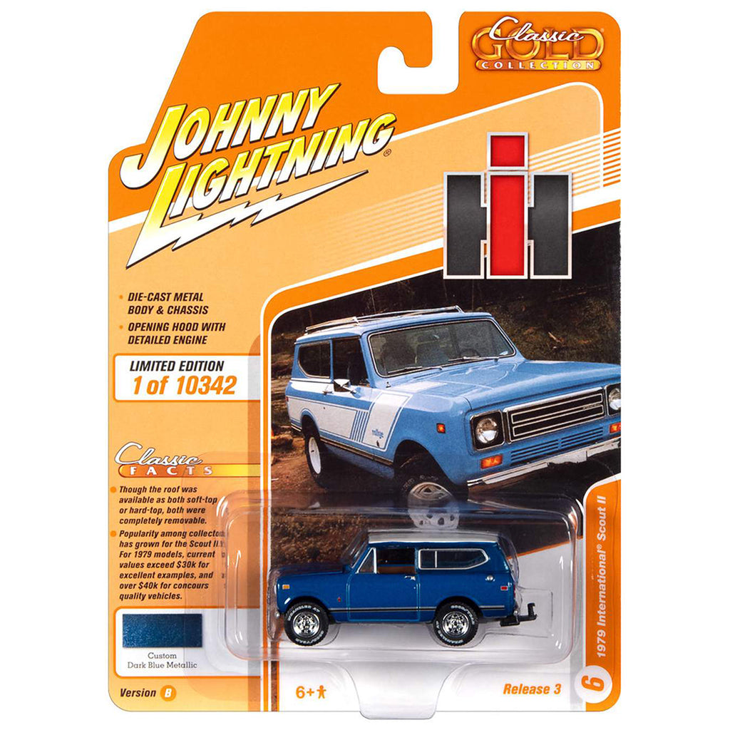 Johnny Lightning die-cast model car packaging with a blue 1979 International Scout II SUV on a white background
