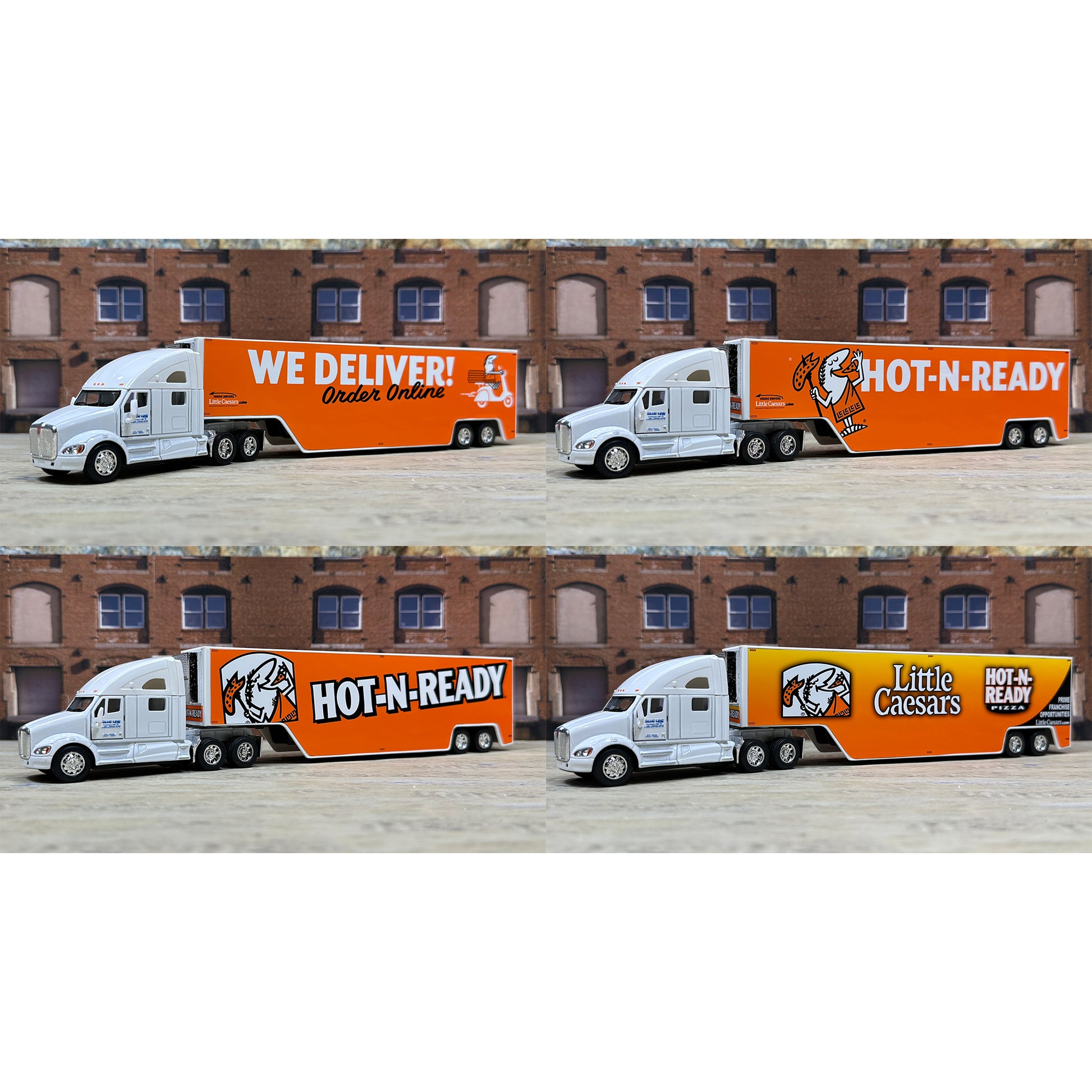 Four model trucks with 'Hot N Ready' and 'Little Caesars' branding in front of a brick building.
