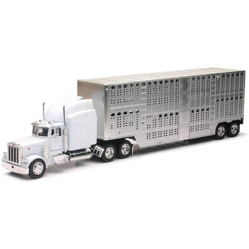 Model of a white Peterbilt 379 truck with a large livestock trailer on a white background