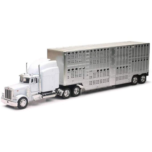 Model of a white Peterbilt 379 truck with a large livestock trailer on a white background
