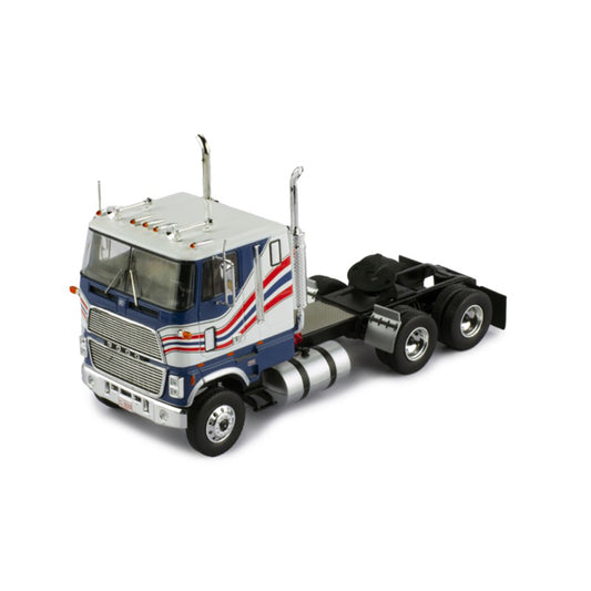 Model Ford CL 9000 truck with a blue and white color scheme on a white background