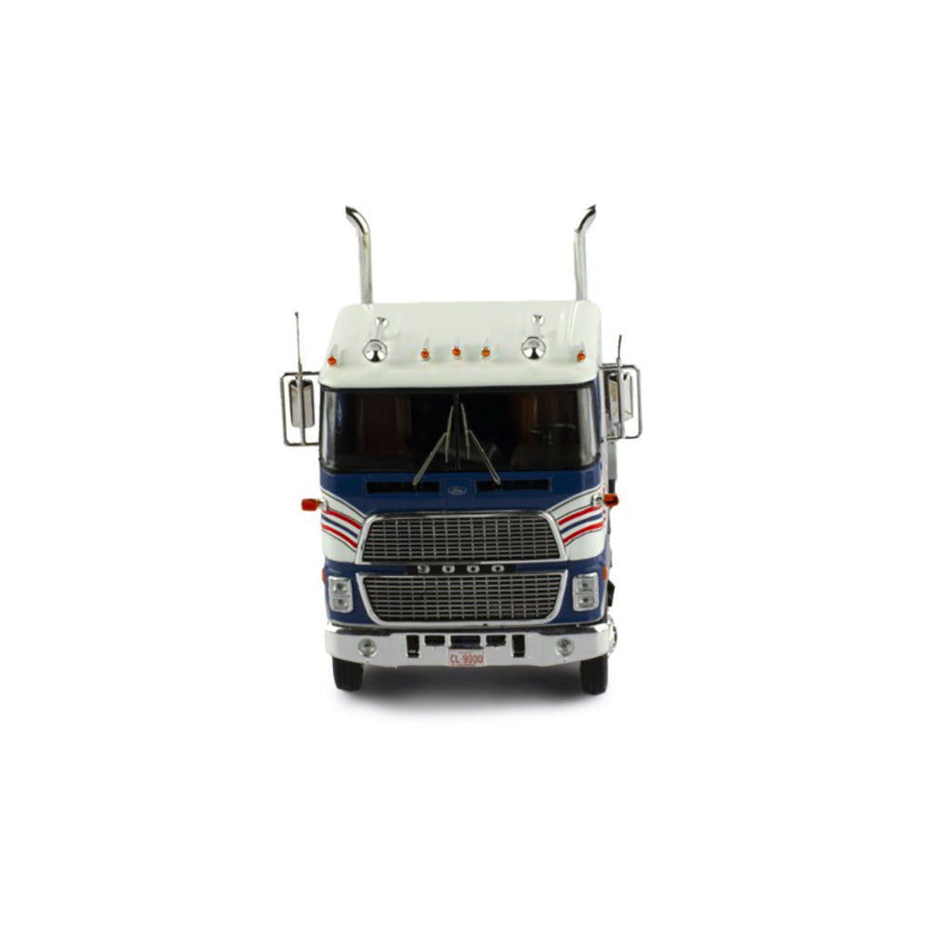 Model Ford CL 9000 truck with a blue and white color scheme on a white background