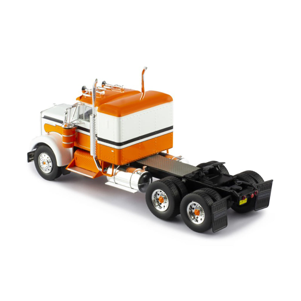 Model of a kenworth w900a orange and white truck on a white background