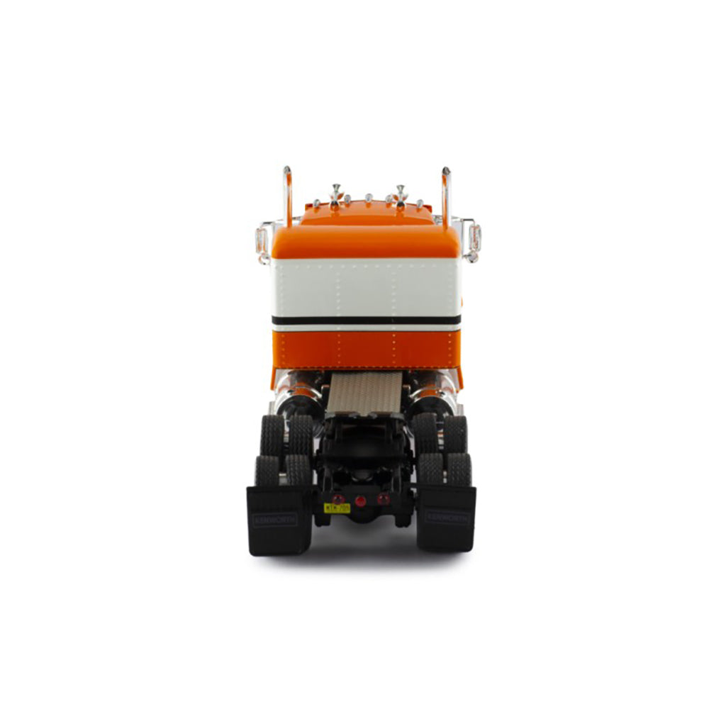 Model of a kenworth w900a orange and white truck on a white background
