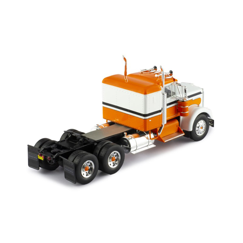 Model of a kenworth w900a orange and white truck on a white background