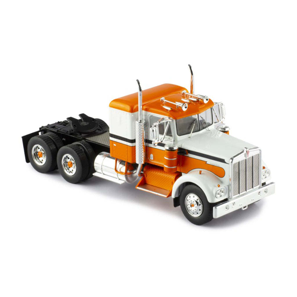 Model of a kenworth w900a orange and white truck on a white background