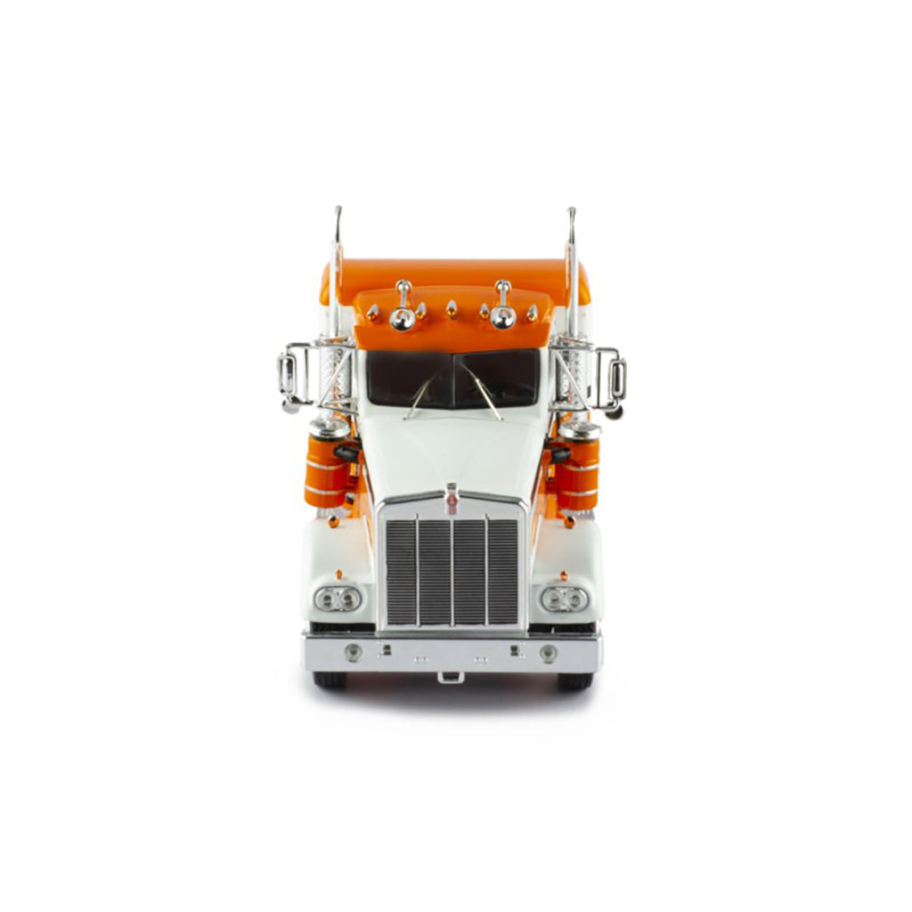 Model of a kenworth w900a orange and white truck on a white background