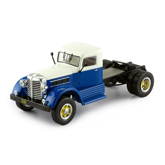 Model of a blue and white Federal truck on a white background