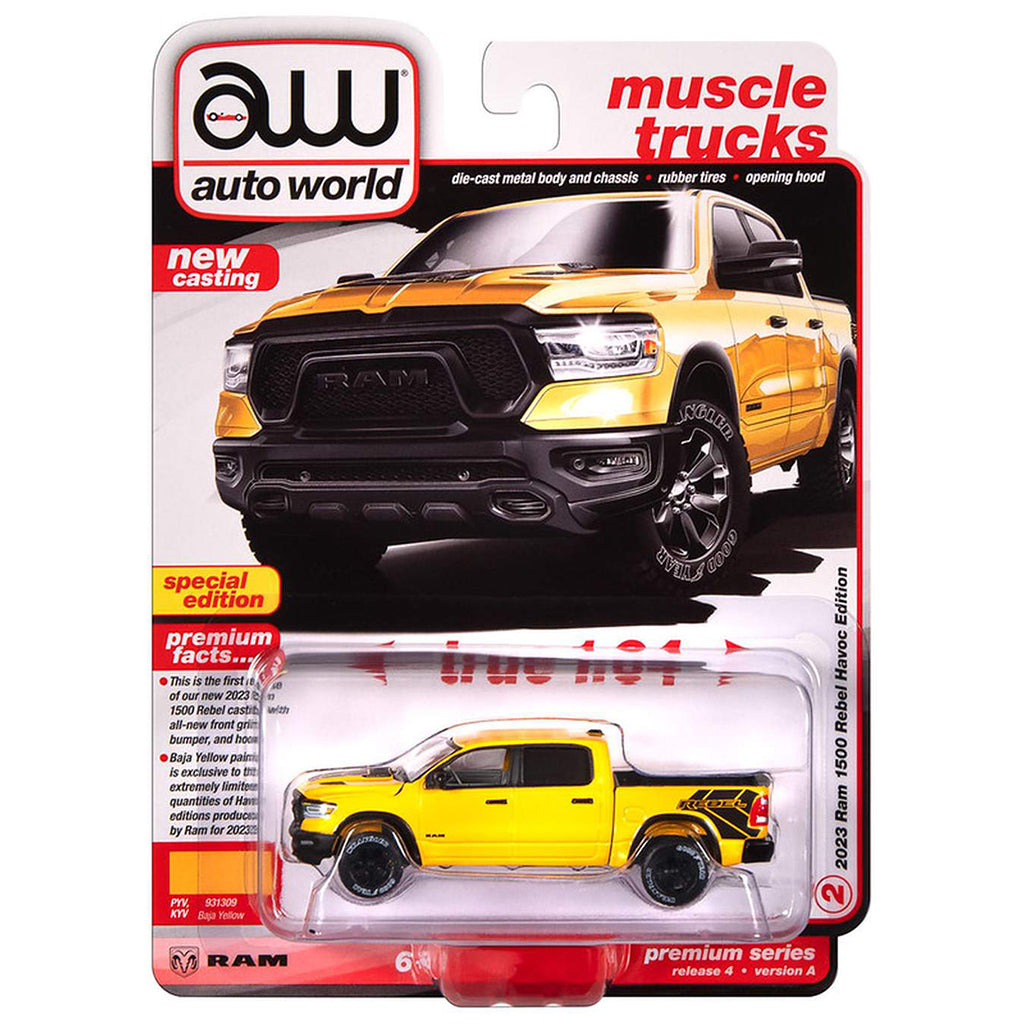 Yellow RAM truck model in packaging with 'auto world' branding