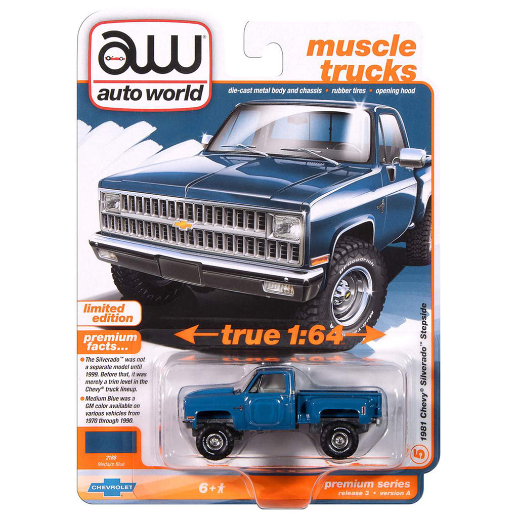 Auto World muscle truck packaging with a blue truck model on a white background