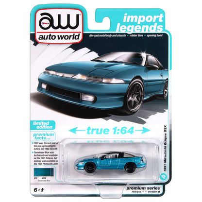 Auto World import legends die-cast car model packaging with a blue car on a white background