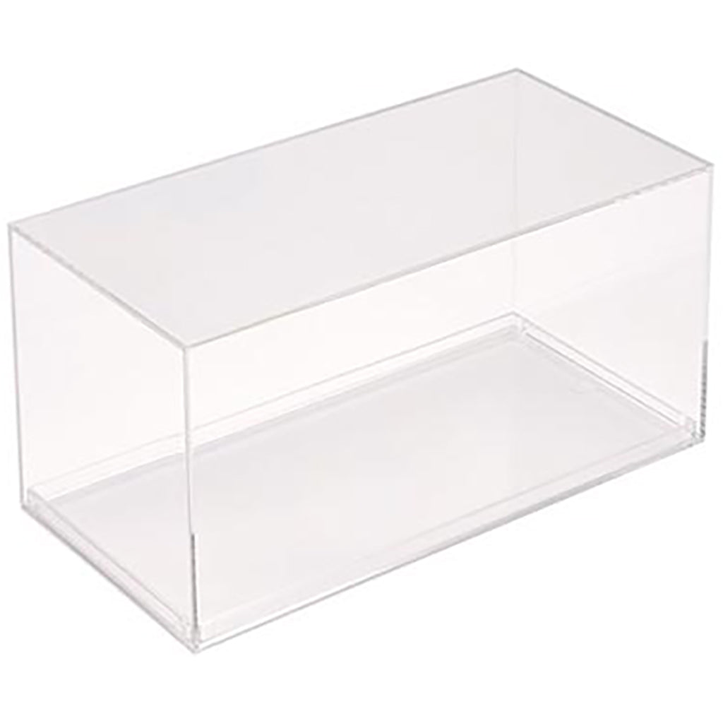 Clear plastic display case on a white background