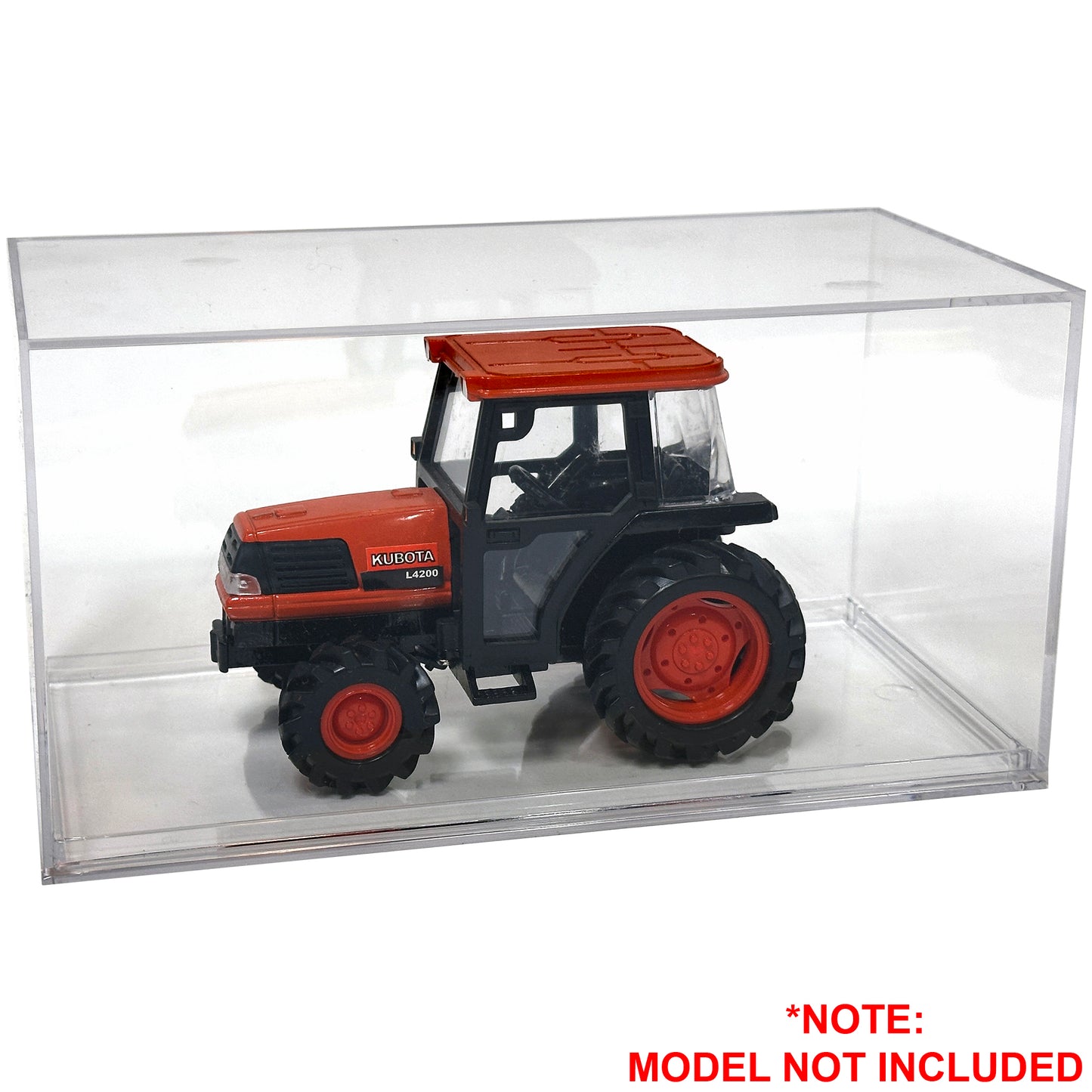 Clear display case with a toy tractor inside, model not included.