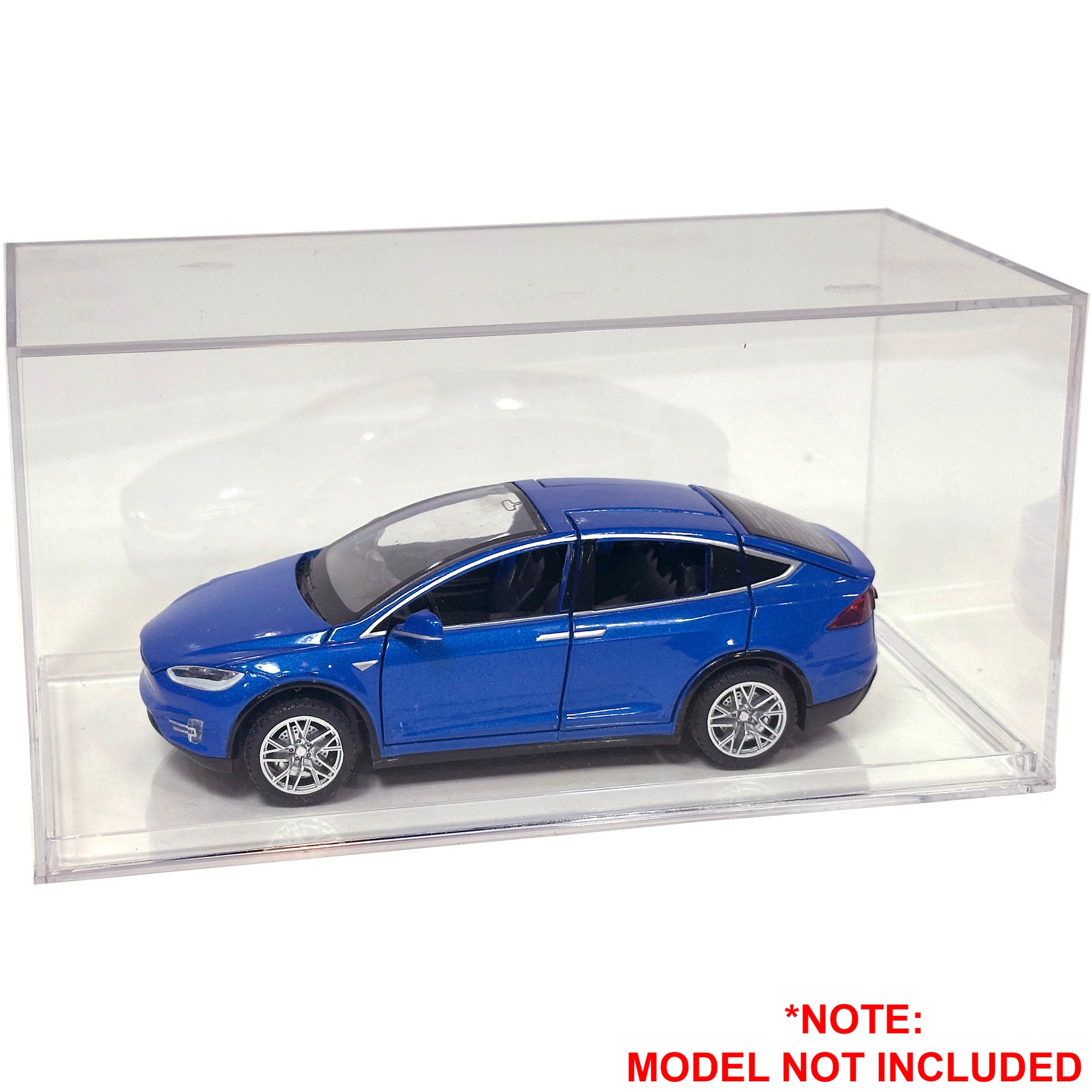 Blue model car in a clear display case with 'Model Not Included' text.