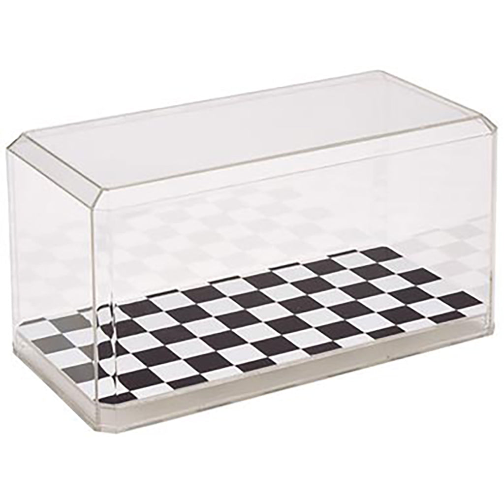 Clear plastic display case with black and white checkered base on a white background