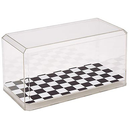 Clear plastic display case with black and white checkered base on a white background