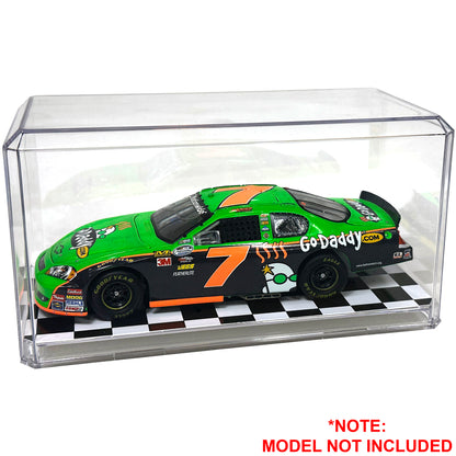 Clear plastic display case with black and white checkered base with Danica Patrick's #& Go Daddy Chevrolet NASCAR on a white background. Model Not Included